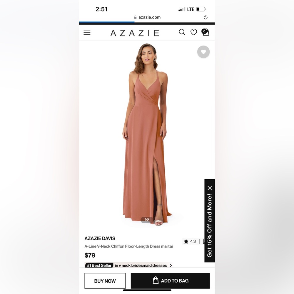 Azazie Dress - DAVIS, Mai Tai, custom size